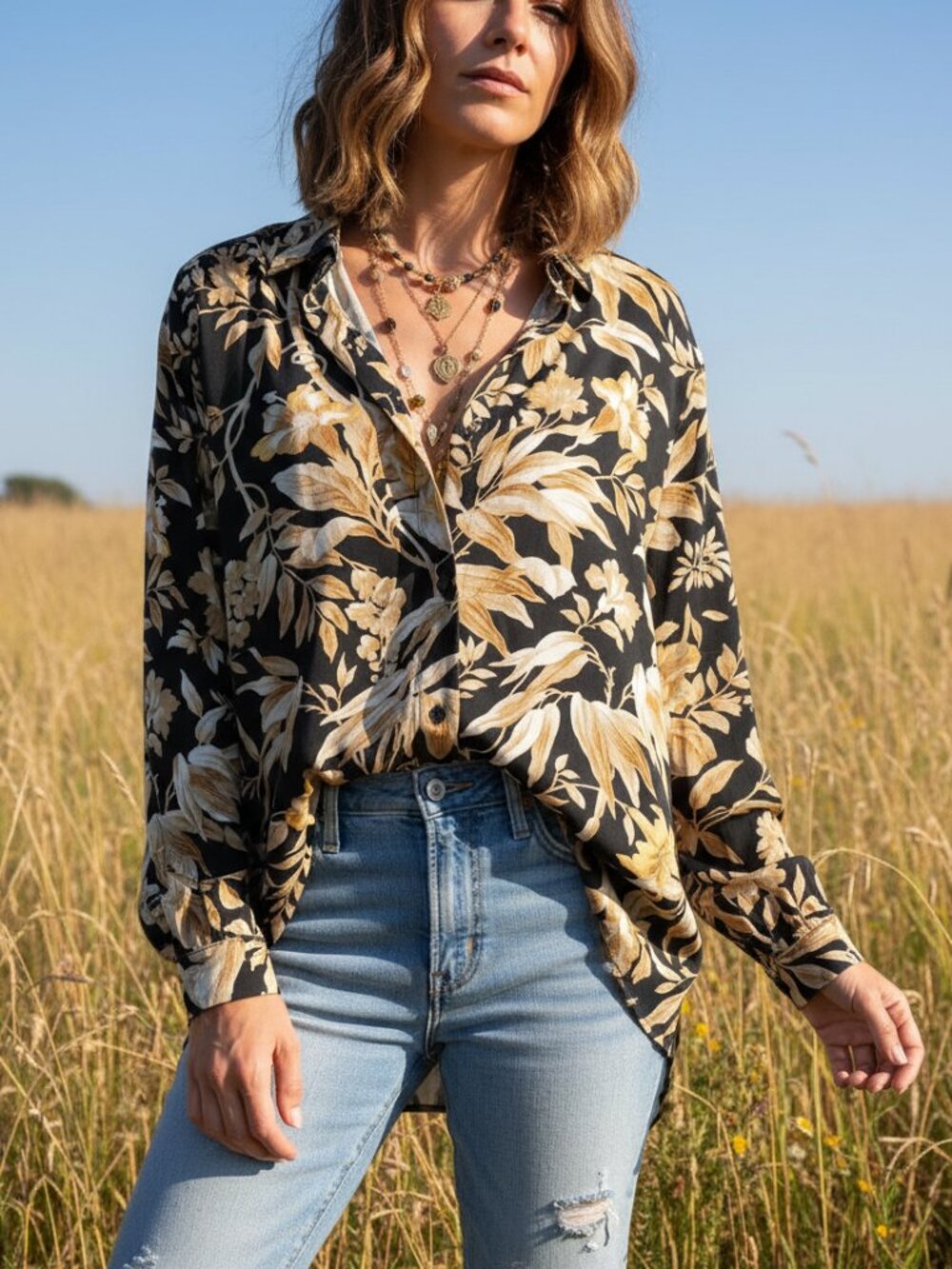 H&M Size 8 M Top Black Yellow Beige Floral Button LS Flowy Oversized Boho Earthy